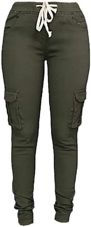 Andongnywell Womens Solid Color Stretch Drawstring Skinny Pants Cargo Joggers Butt Lift Pant with Pockets