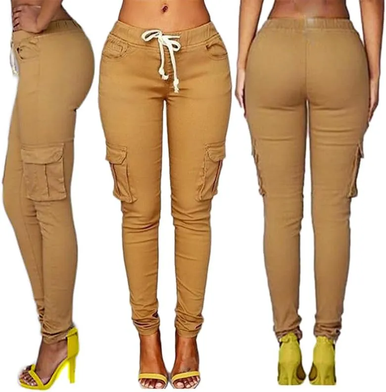 Andongnywell Womens Solid Color Stretch Drawstring Skinny Pants Cargo Joggers Butt Lift Pant with Pockets