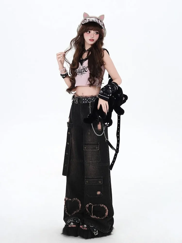 Black Distressed Holes Y2K Wide-leg Cut Jeans