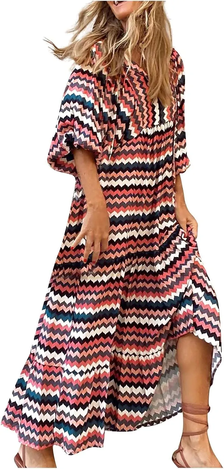 Boho Maxi Dresses for Women 2025 Casual Loose Fit Summer Long Bohemian Dress 3/4 Sleeve V Neck Plus Size Flowy Spring Dress