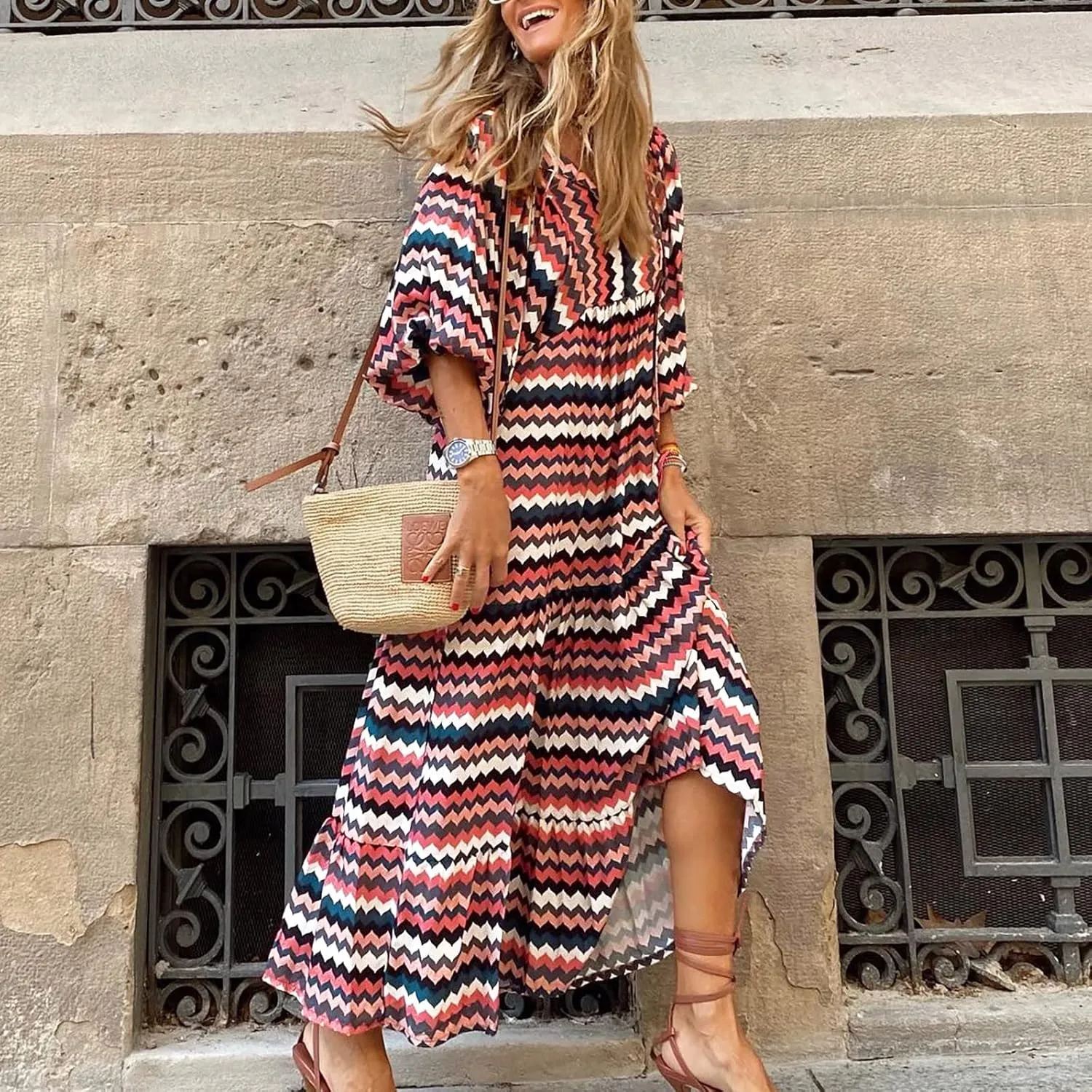 Boho Maxi Dresses for Women 2025 Casual Loose Fit Summer Long Bohemian Dress 3/4 Sleeve V Neck Plus Size Flowy Spring Dress