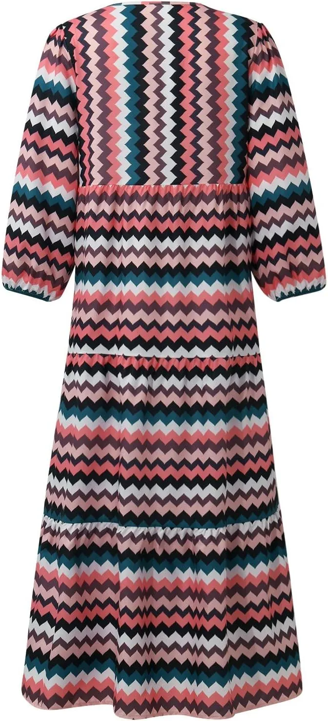 Boho Maxi Dresses for Women 2025 Casual Loose Fit Summer Long Bohemian Dress 3/4 Sleeve V Neck Plus Size Flowy Spring Dress