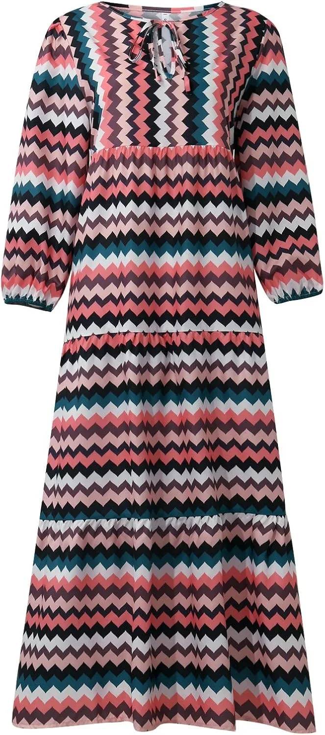 Boho Maxi Dresses for Women 2025 Casual Loose Fit Summer Long Bohemian Dress 3/4 Sleeve V Neck Plus Size Flowy Spring Dress