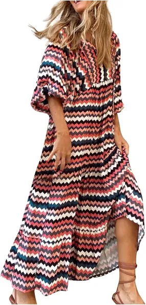 Boho Maxi Dresses for Women 2025 Casual Loose Fit Summer Long Bohemian Dress 3/4 Sleeve V Neck Plus Size Flowy Spring Dress