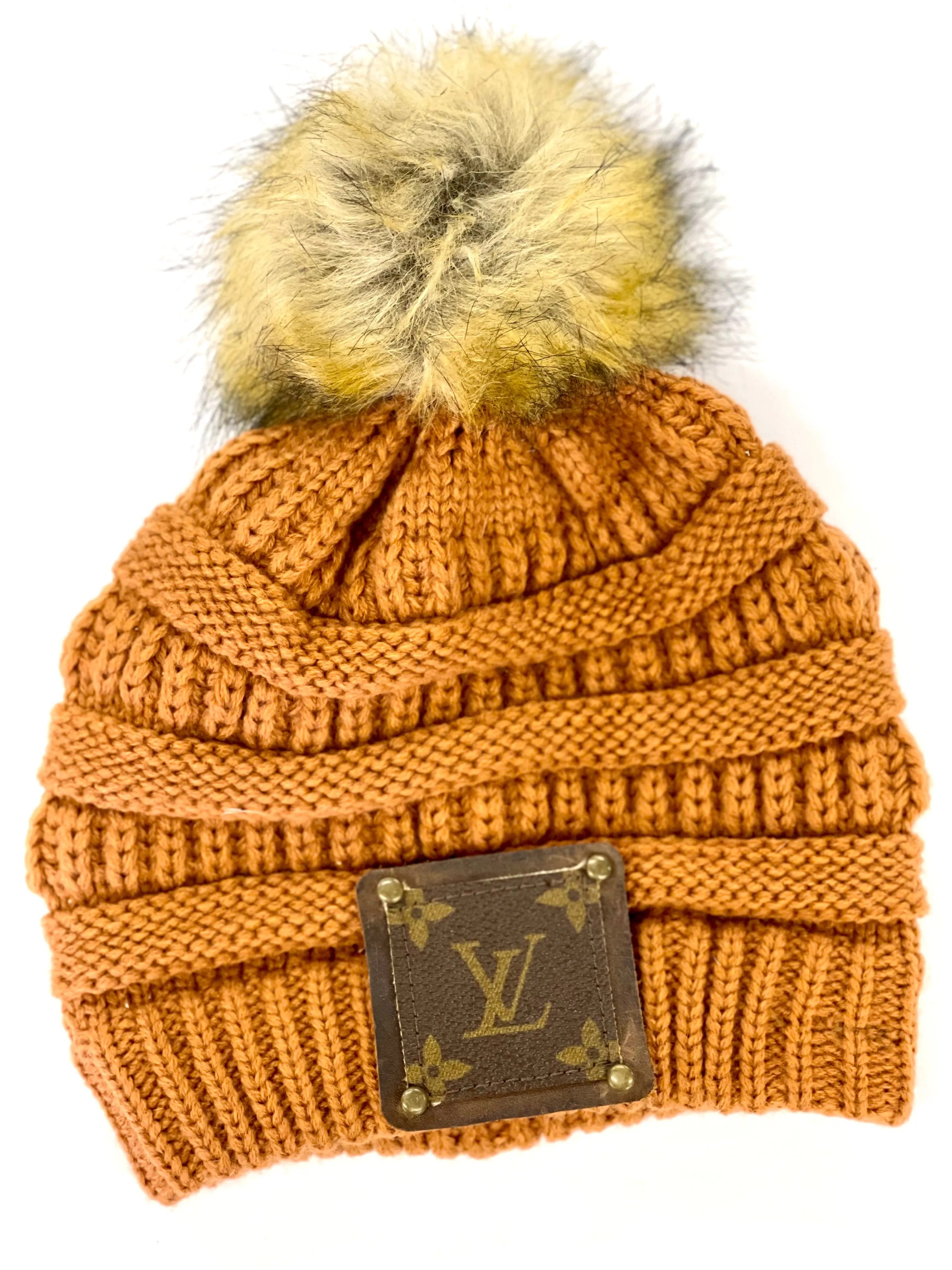 Burnt Orange Beanie with brown patch antique hardware