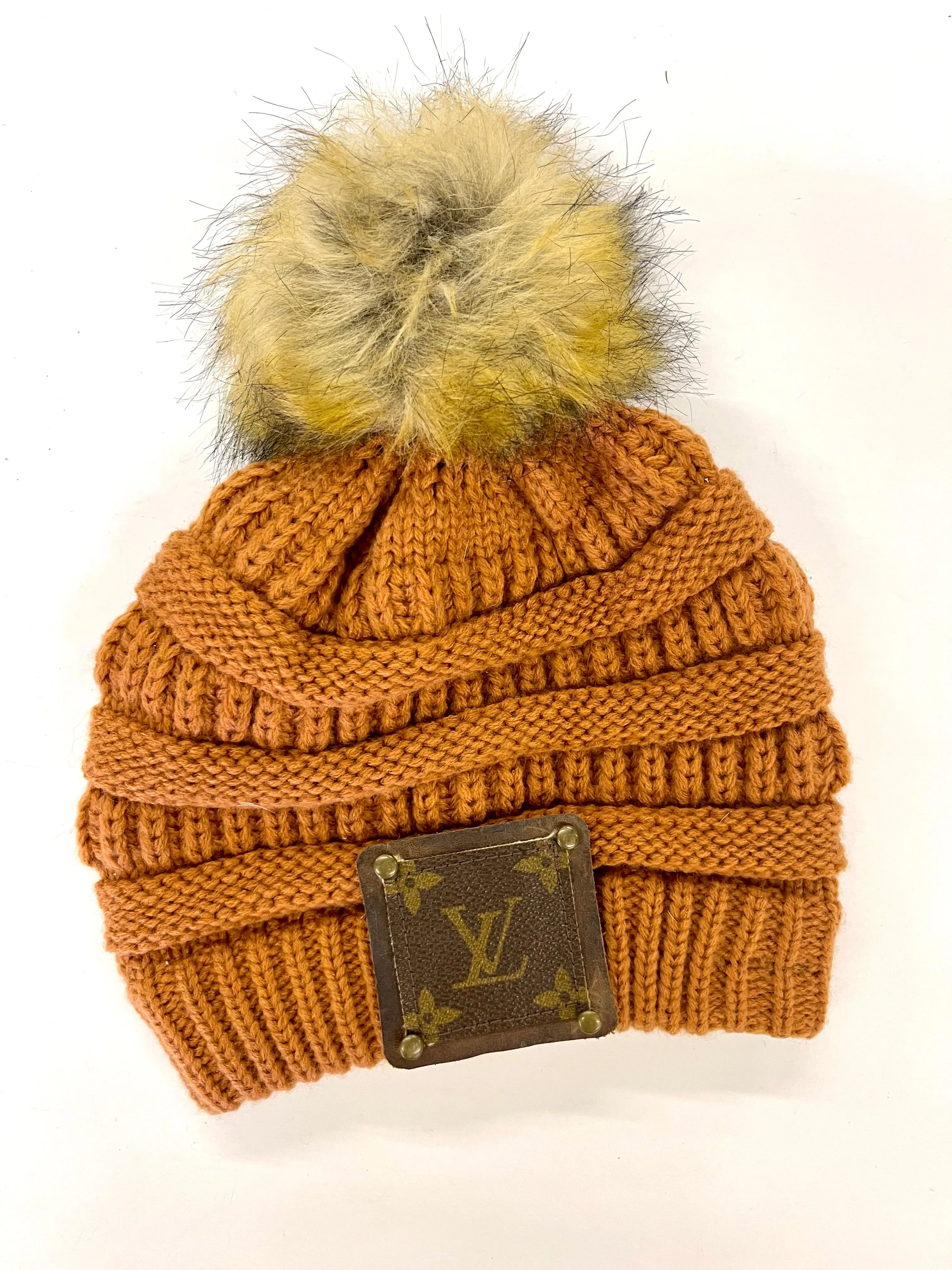 Burnt Orange Beanie with brown patch antique hardware