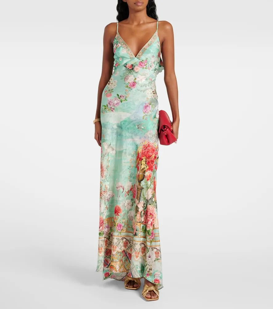 Camilla Printed ruffled satin slip dress