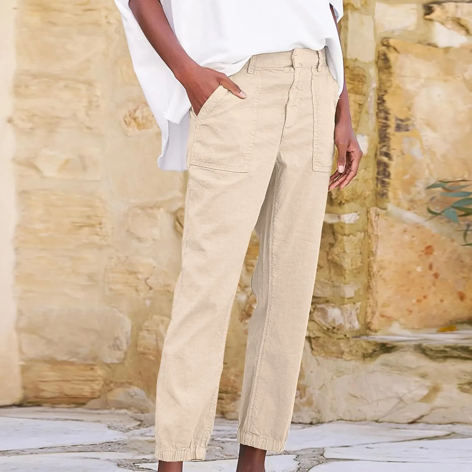 Capri Pants for Women Summer Trendy Casual Elastic Waist Cropped Trousers Casual Drawstring Straight Leg Lounge Pants