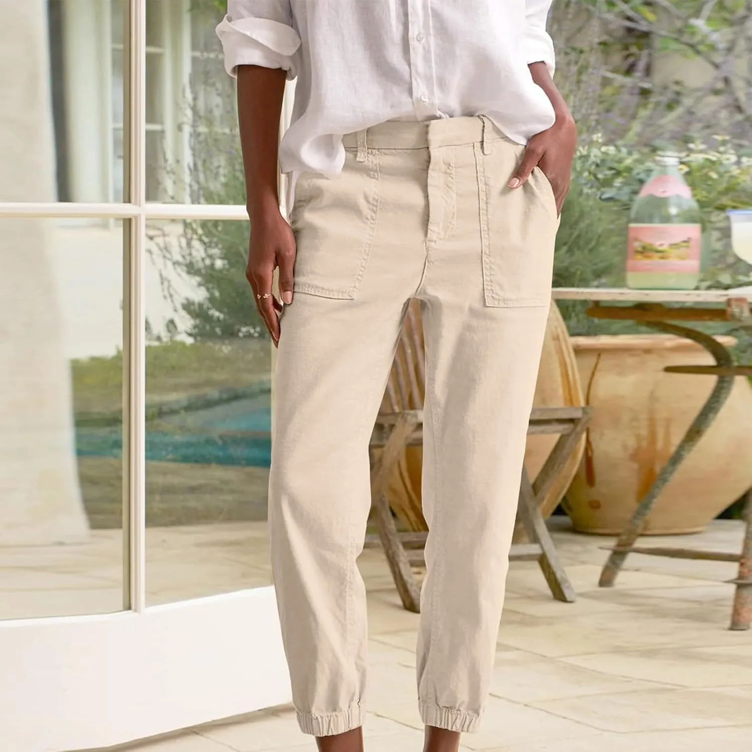 Capri Pants for Women Summer Trendy Casual Elastic Waist Cropped Trousers Casual Drawstring Straight Leg Lounge Pants
