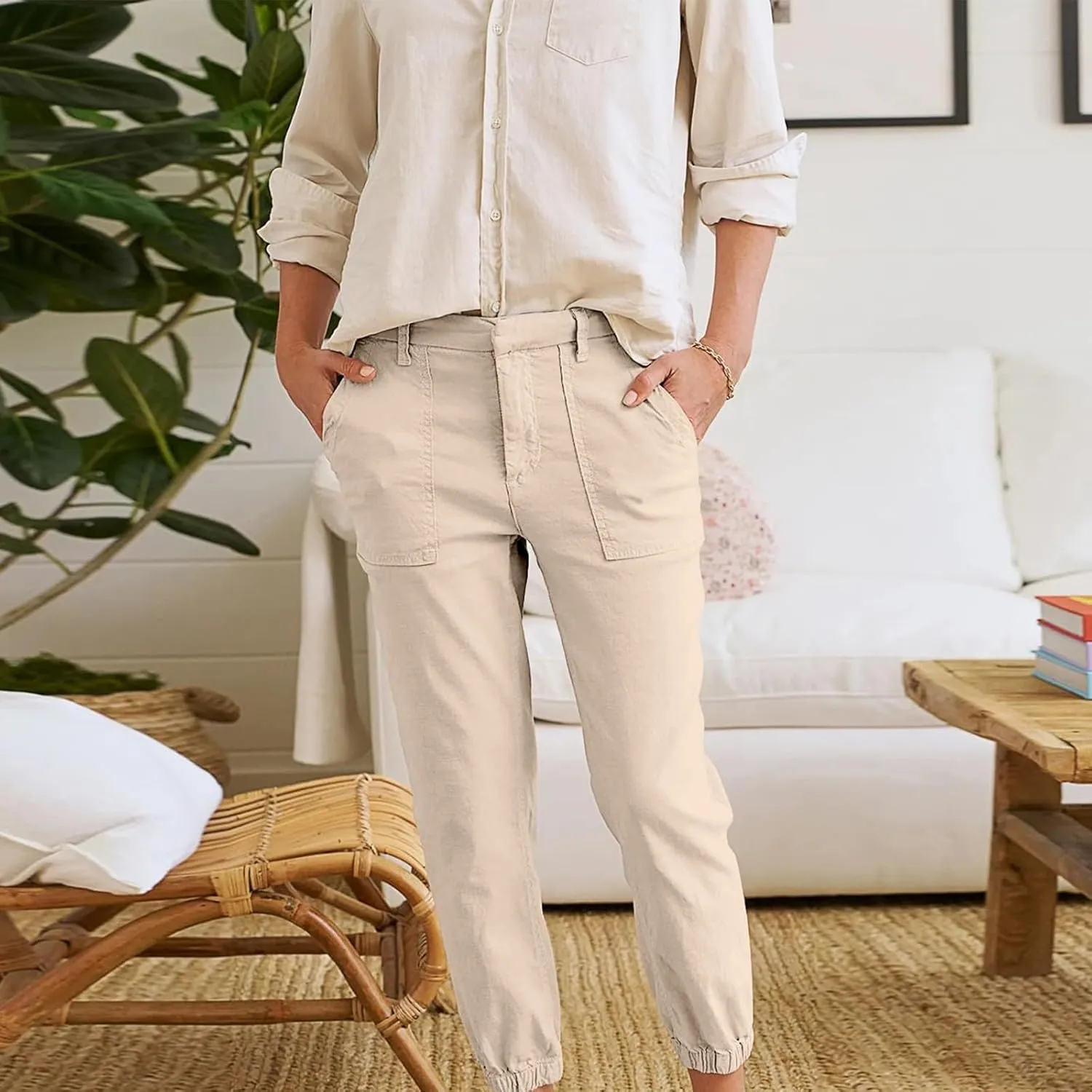 Capri Pants for Women Summer Trendy Casual Elastic Waist Cropped Trousers Casual Drawstring Straight Leg Lounge Pants