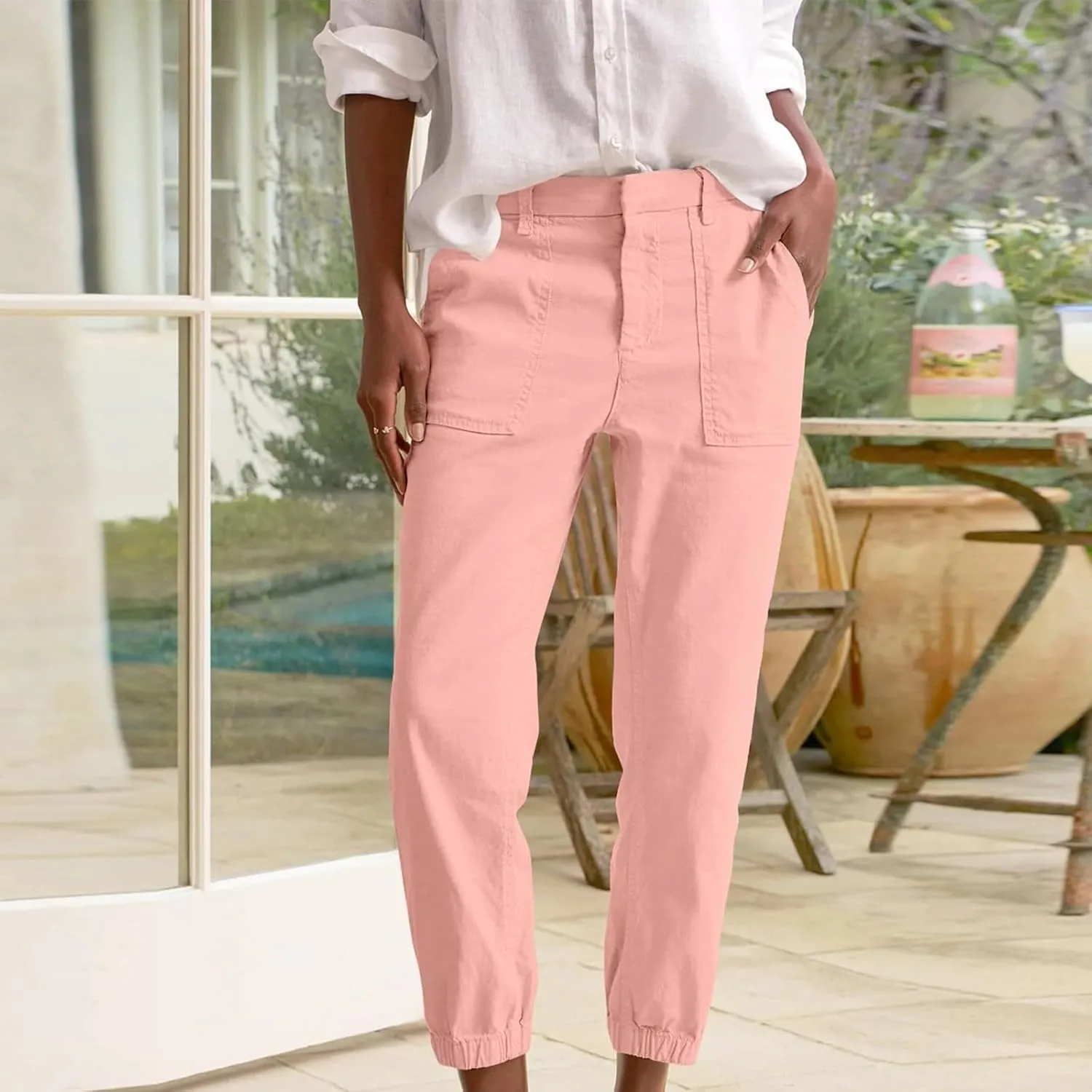 Capri Pants for Women Summer Trendy Casual Elastic Waist Cropped Trousers Casual Drawstring Straight Leg Lounge Pants