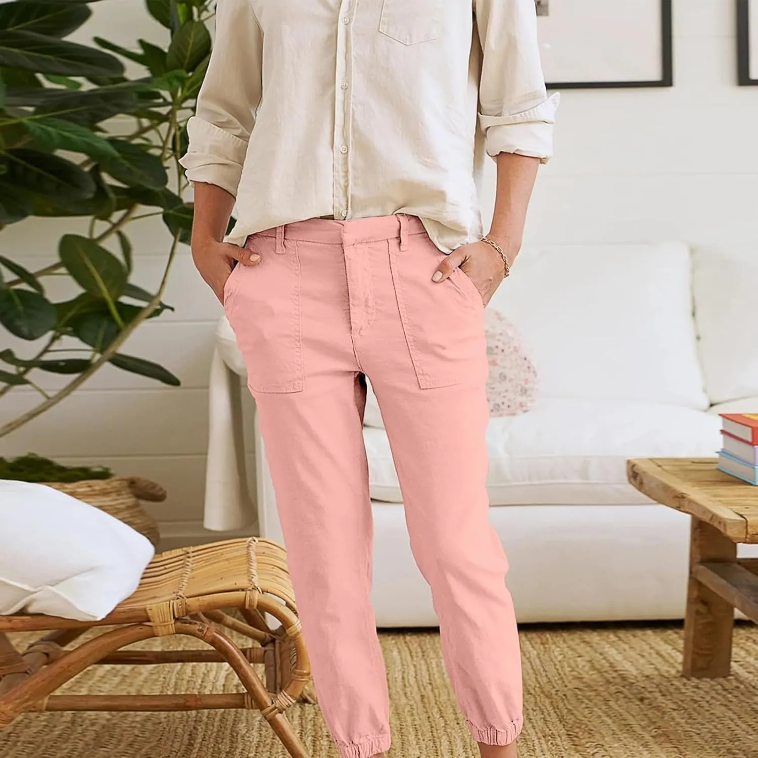 Capri Pants for Women Summer Trendy Casual Elastic Waist Cropped Trousers Casual Drawstring Straight Leg Lounge Pants