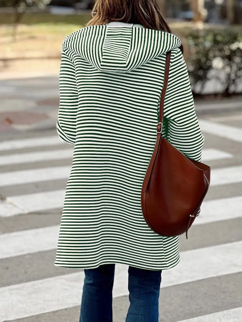 chouyatou Women's Color Block Striped Hooded Cardigan Sweaters Button Down Long Coatigan Jackets with Pockets