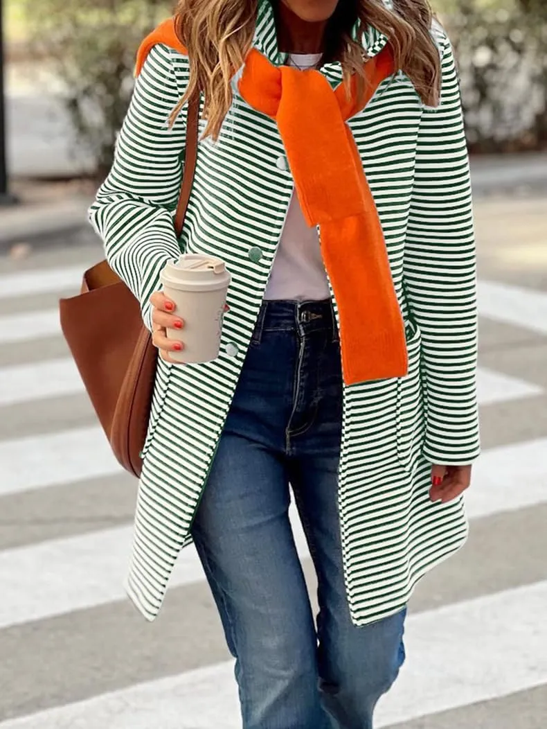 chouyatou Women's Color Block Striped Hooded Cardigan Sweaters Button Down Long Coatigan Jackets with Pockets