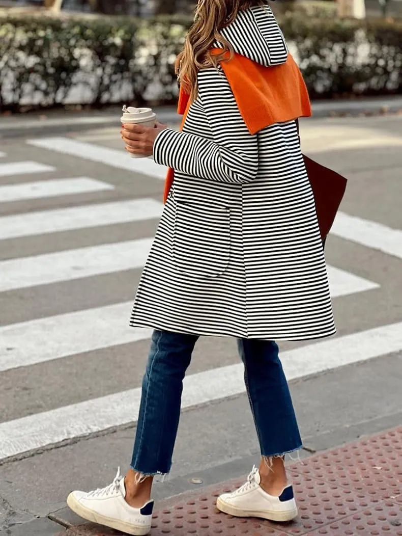 chouyatou Women's Color Block Striped Hooded Cardigan Sweaters Button Down Long Coatigan Jackets with Pockets