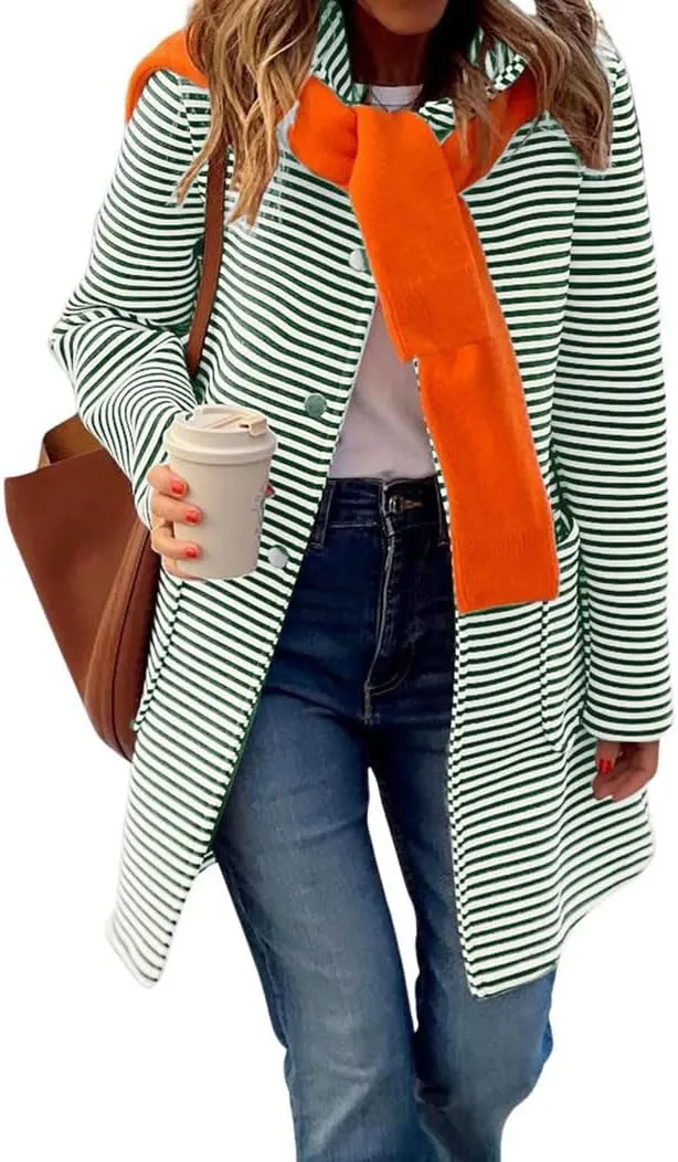 chouyatou Women's Color Block Striped Hooded Cardigan Sweaters Button Down Long Coatigan Jackets with Pockets