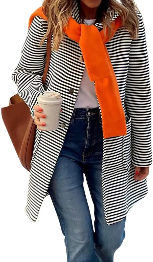 chouyatou Women's Color Block Striped Hooded Cardigan Sweaters Button Down Long Coatigan Jackets with Pockets