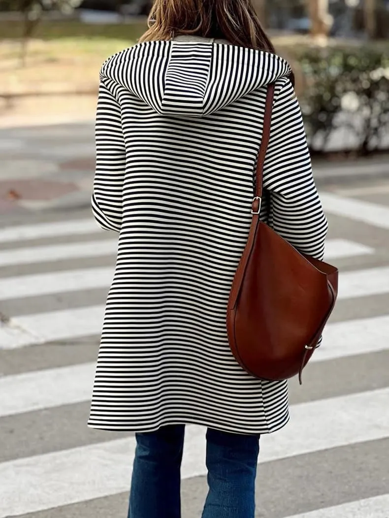 chouyatou Women's Color Block Striped Hooded Cardigan Sweaters Button Down Long Coatigan Jackets with Pockets