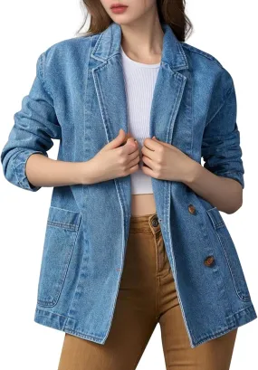 COZYPOIN Womens Long Denim Jacket Button Up Blazer Oversized Notched Lapel Casual Jean Shacket Coat