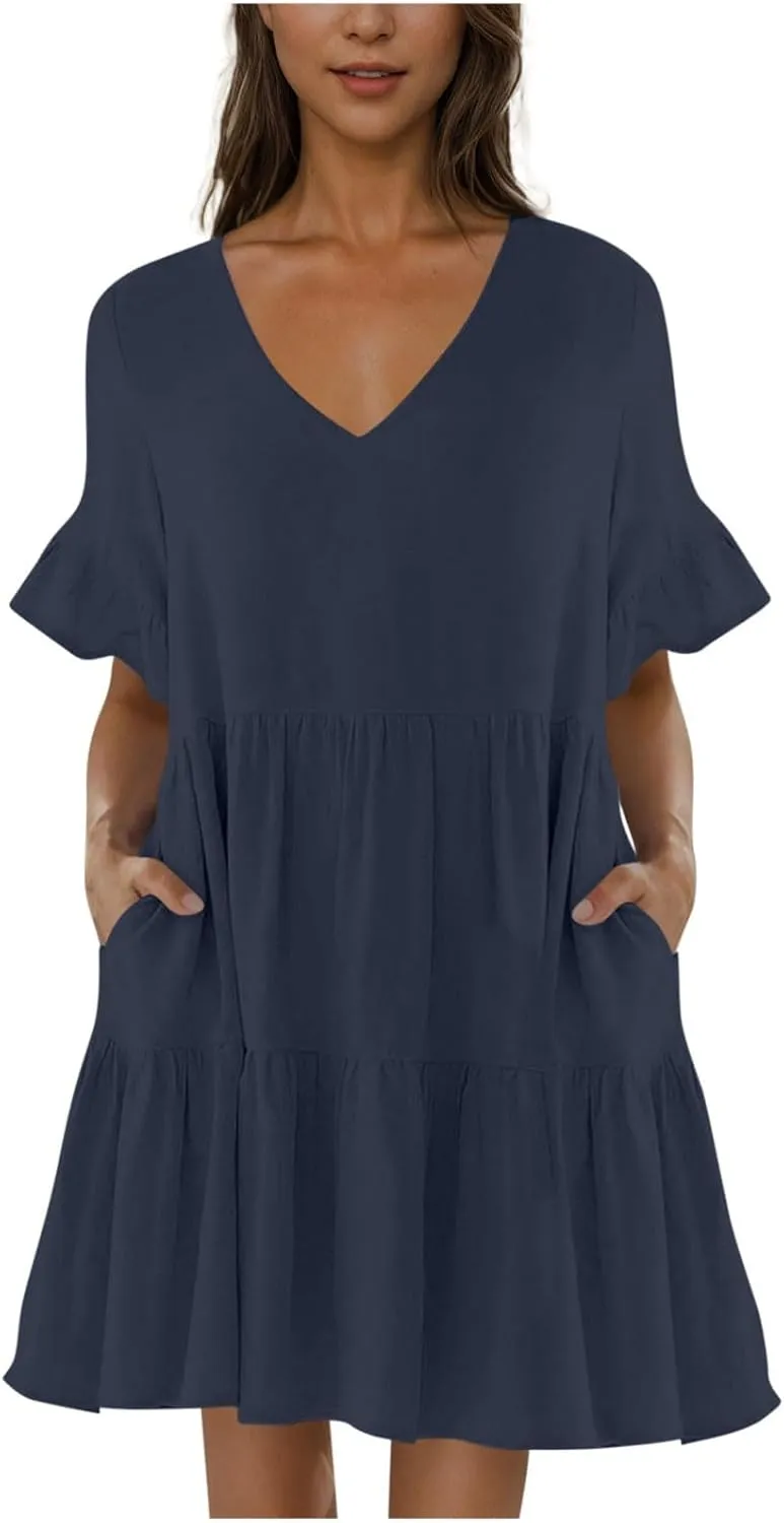 Dresses for Women Loose Fitted V Neck Short Ruffle Sleeve A Line Tiered Sundress Flowy Casual Trendy Mini Beach Dress