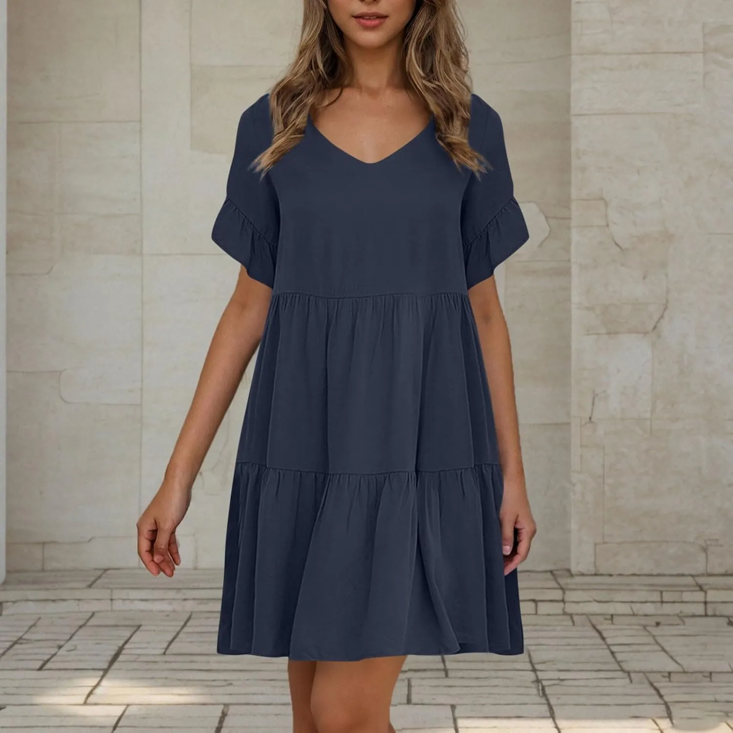 Dresses for Women Loose Fitted V Neck Short Ruffle Sleeve A Line Tiered Sundress Flowy Casual Trendy Mini Beach Dress