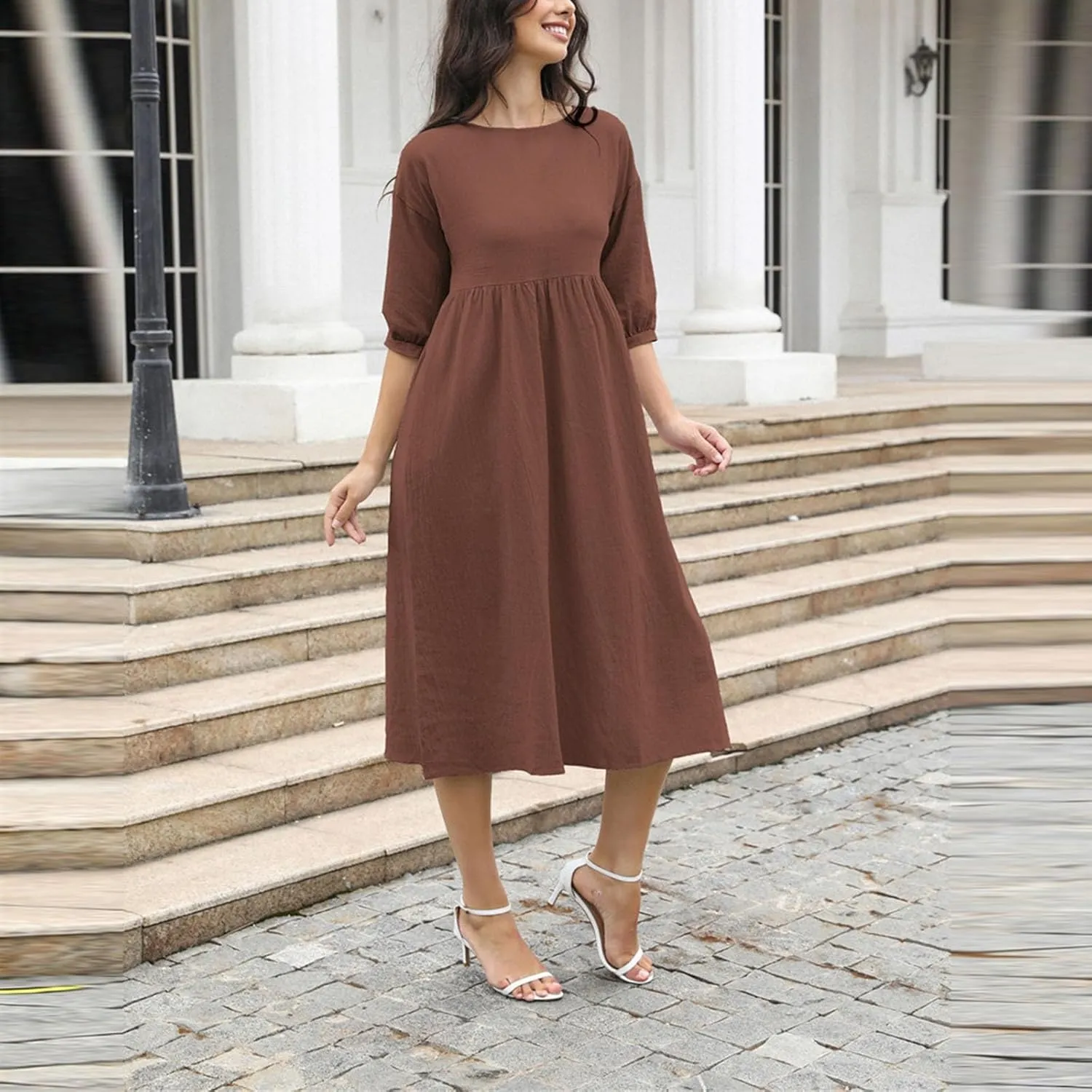 Finelylove Womens Casual Midi Dress Cotton Linen A Line Summer Dress Half Sleeve Flowy Sundress Casual Vacation Beach Dress