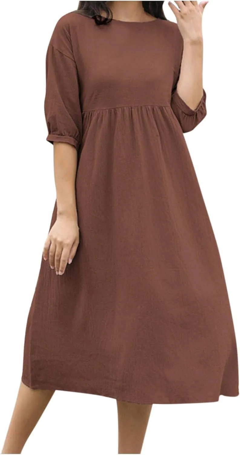 Finelylove Womens Casual Midi Dress Cotton Linen A Line Summer Dress Half Sleeve Flowy Sundress Casual Vacation Beach Dress