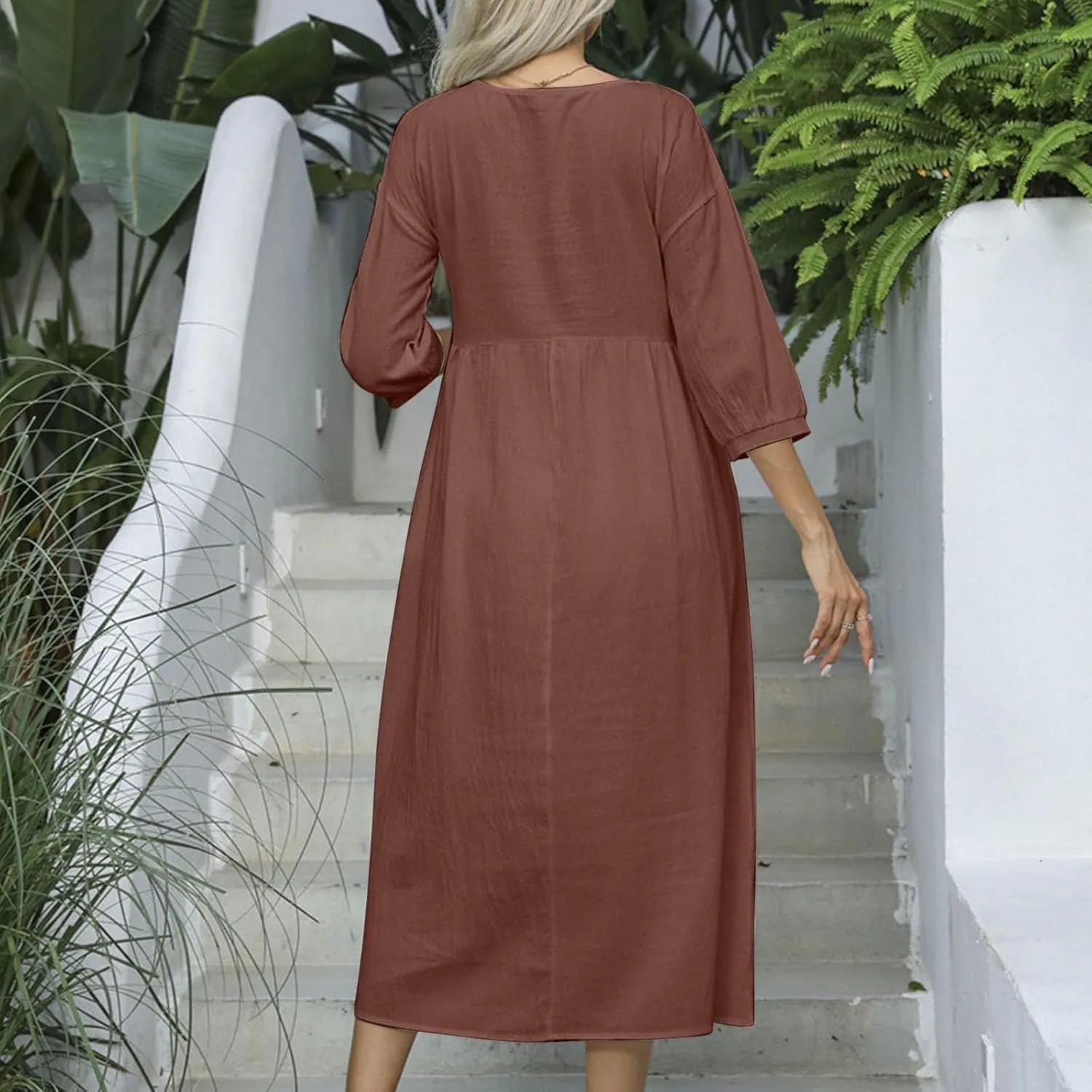Finelylove Womens Casual Midi Dress Cotton Linen A Line Summer Dress Half Sleeve Flowy Sundress Casual Vacation Beach Dress