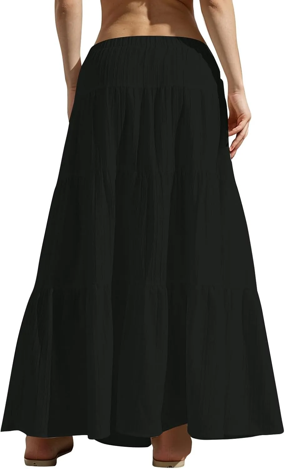 hlysgo Beach Skirts for Women Casual Loose Fit Drawstring Waist Peplum Maxi Skirt 2025 Summer Boho Tiered Vacation Skirts