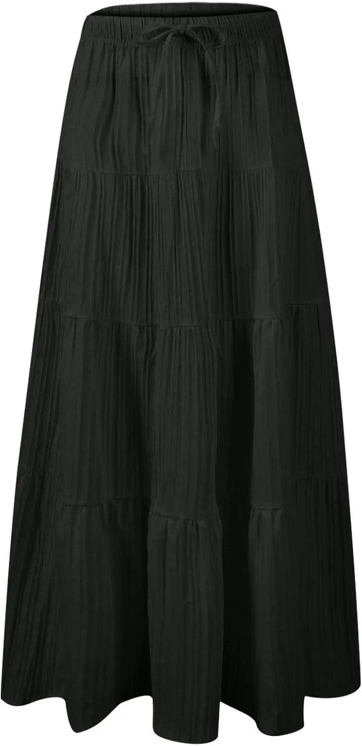 hlysgo Beach Skirts for Women Casual Loose Fit Drawstring Waist Peplum Maxi Skirt 2025 Summer Boho Tiered Vacation Skirts