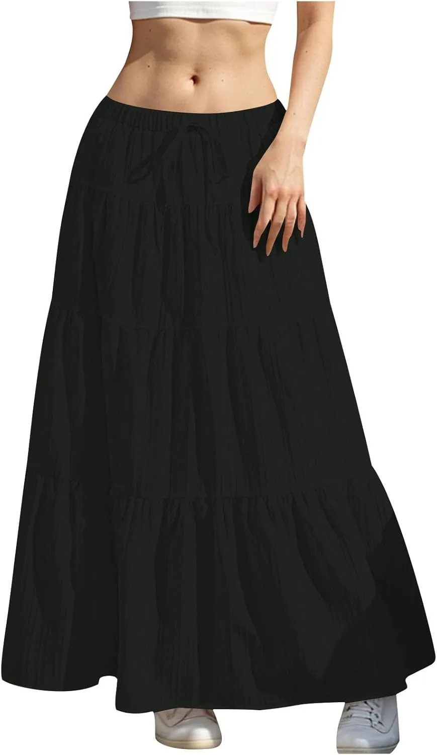 hlysgo Beach Skirts for Women Casual Loose Fit Drawstring Waist Peplum Maxi Skirt 2025 Summer Boho Tiered Vacation Skirts