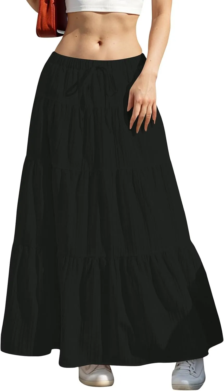 hlysgo Beach Skirts for Women Casual Loose Fit Drawstring Waist Peplum Maxi Skirt 2025 Summer Boho Tiered Vacation Skirts