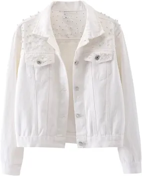 Kedera Women Oversized Denim Jacket Embroidered Pearls Beading Jeans Coat