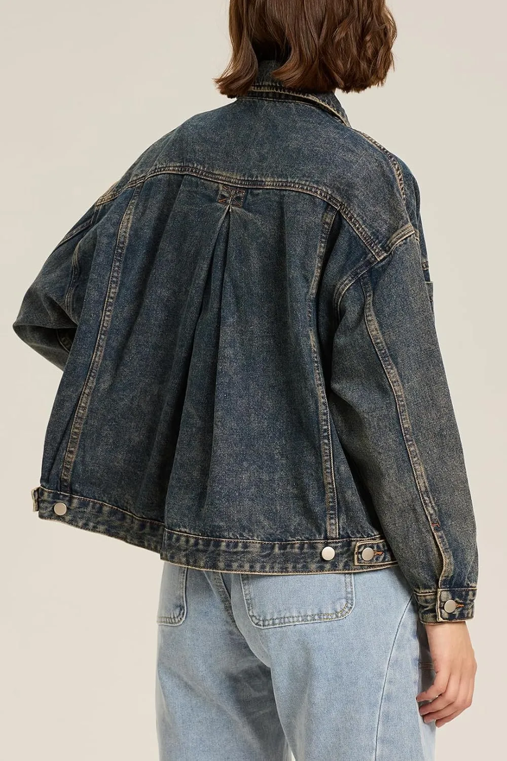 Ladyful Women's Jean Jacket Oversized Button Down Long Sleeve Distressed Denim Jacket Vintage Trucker Coat with Pockets