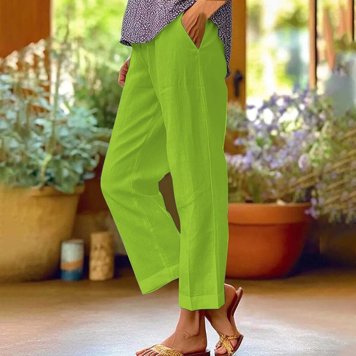 LCMTWX Women's Linen Pants Patchwork Cotton and Linen Casual Pants Casual Straight Leg Drawstring Elastic Woman Linen Pants