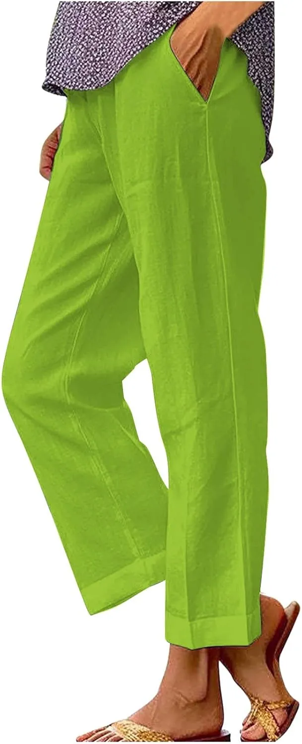 LCMTWX Women's Linen Pants Patchwork Cotton and Linen Casual Pants Casual Straight Leg Drawstring Elastic Woman Linen Pants