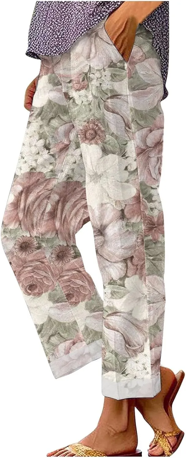 LCMTWX Women's Linen Pants Patchwork Cotton and Linen Casual Pants Casual Straight Leg Drawstring Elastic Woman Linen Pants