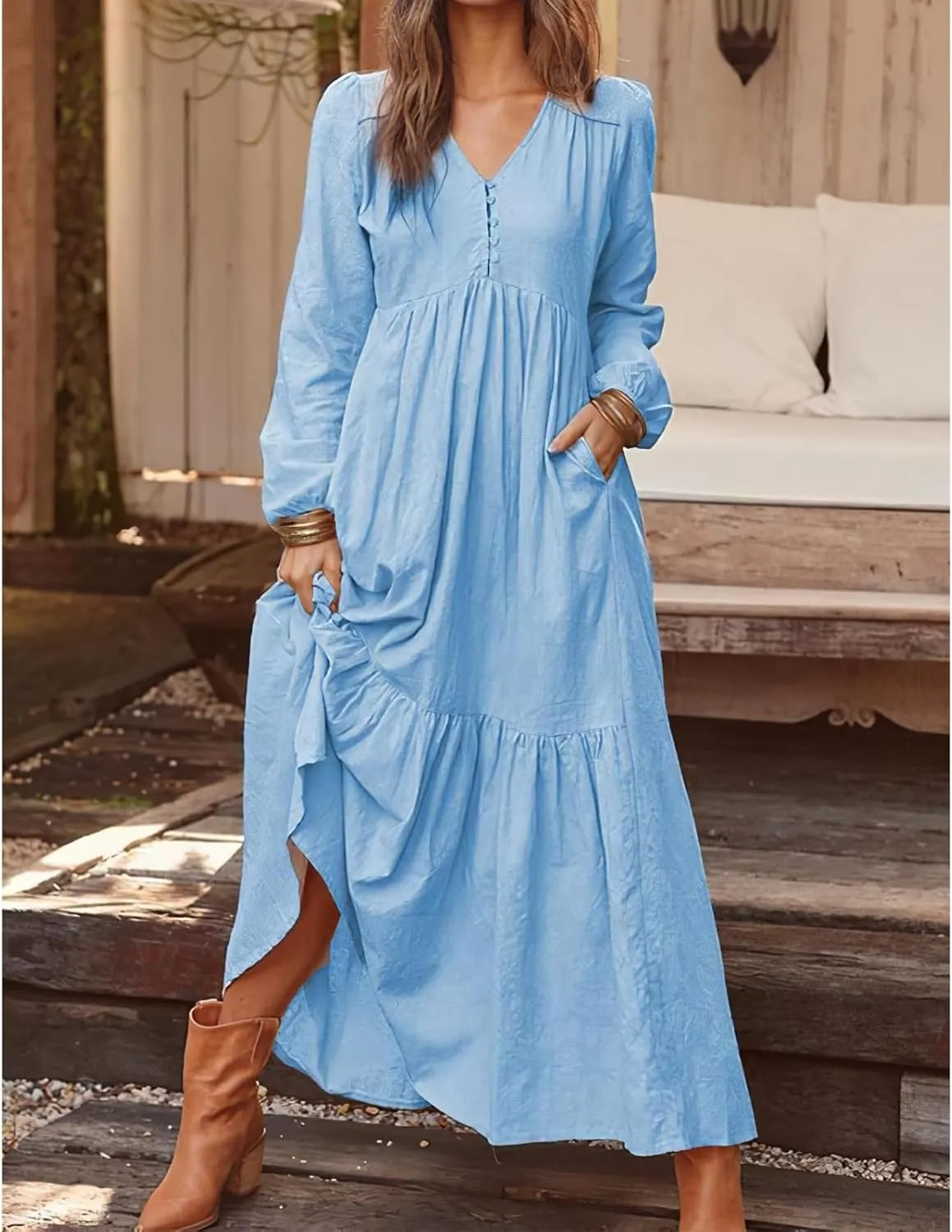 Linen Maxi Dress for Women Long Boho Dresses Casual Long Sleeve V Neck Dress Flowy Beach Pleated Sundress with Pockets