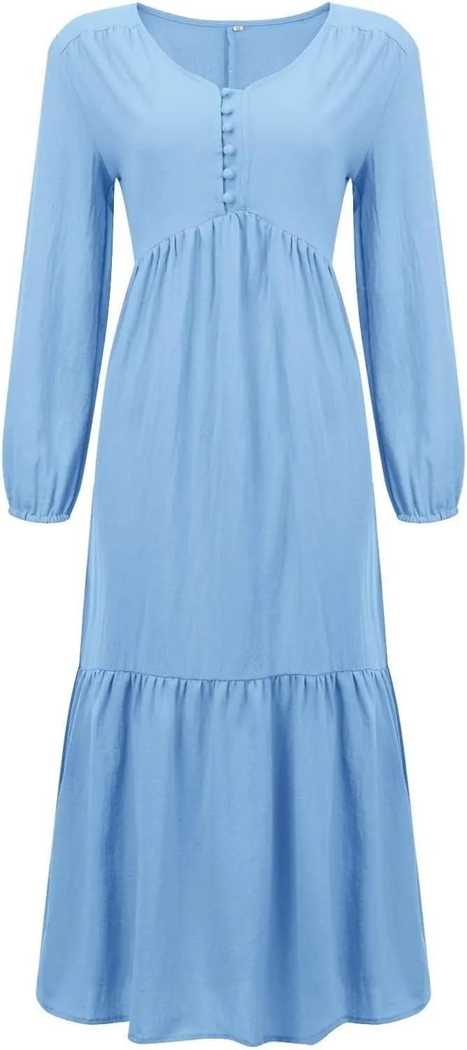 Linen Maxi Dress for Women Long Boho Dresses Casual Long Sleeve V Neck Dress Flowy Beach Pleated Sundress with Pockets