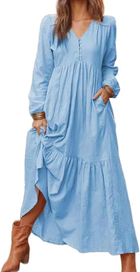 Linen Maxi Dress for Women Long Boho Dresses Casual Long Sleeve V Neck Dress Flowy Beach Pleated Sundress with Pockets