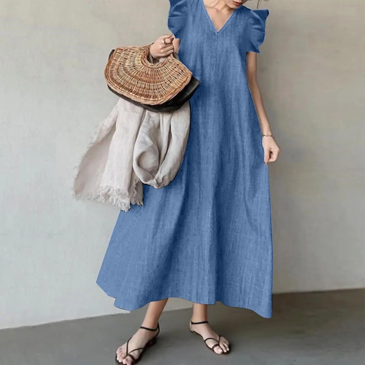 Loose Denim Dress Ruffle Short Sleeve V-Neck Relaxed Fit Denim Dress Women Summer Stylish Knee-Length Wrap Midi Dress