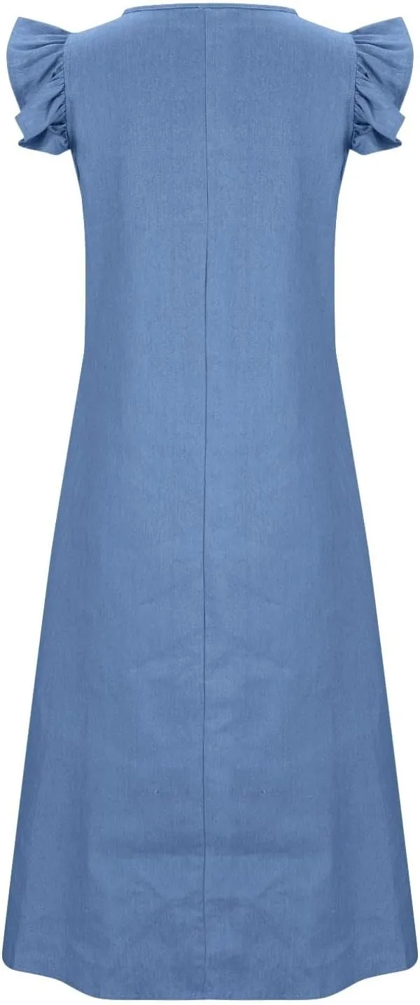 Loose Denim Dress Ruffle Short Sleeve V-Neck Relaxed Fit Denim Dress Women Summer Stylish Knee-Length Wrap Midi Dress