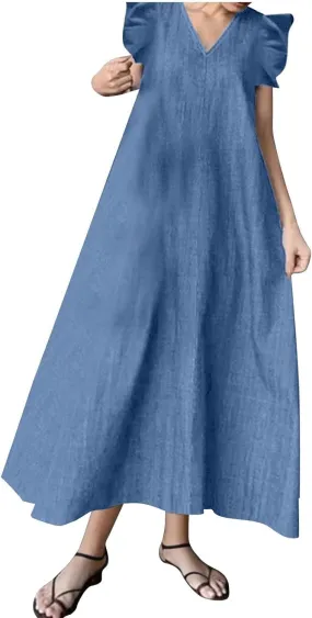 Loose Denim Dress Ruffle Short Sleeve V-Neck Relaxed Fit Denim Dress Women Summer Stylish Knee-Length Wrap Midi Dress