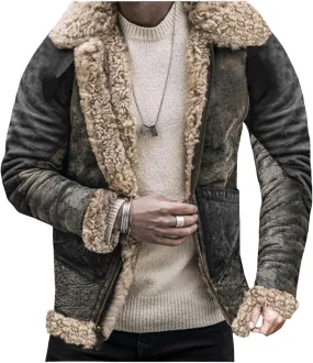 Men's Faux Lamb Wool Bomber Coat Men Faux Leather Sherpa Fleece Lined Jackets Heavyweight Suede Faux Fur Trench-Coat