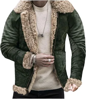 Men's Faux Lamb Wool Bomber Coat Men Faux Leather Sherpa Fleece Lined Jackets Heavyweight Suede Faux Fur Trench-Coat