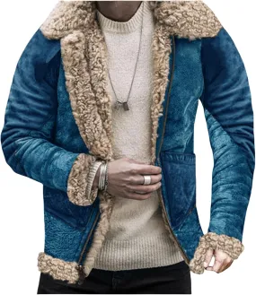 Men's Faux Lamb Wool Bomber Coat Men Faux Leather Sherpa Fleece Lined Jackets Heavyweight Suede Faux Fur Trench-Coat