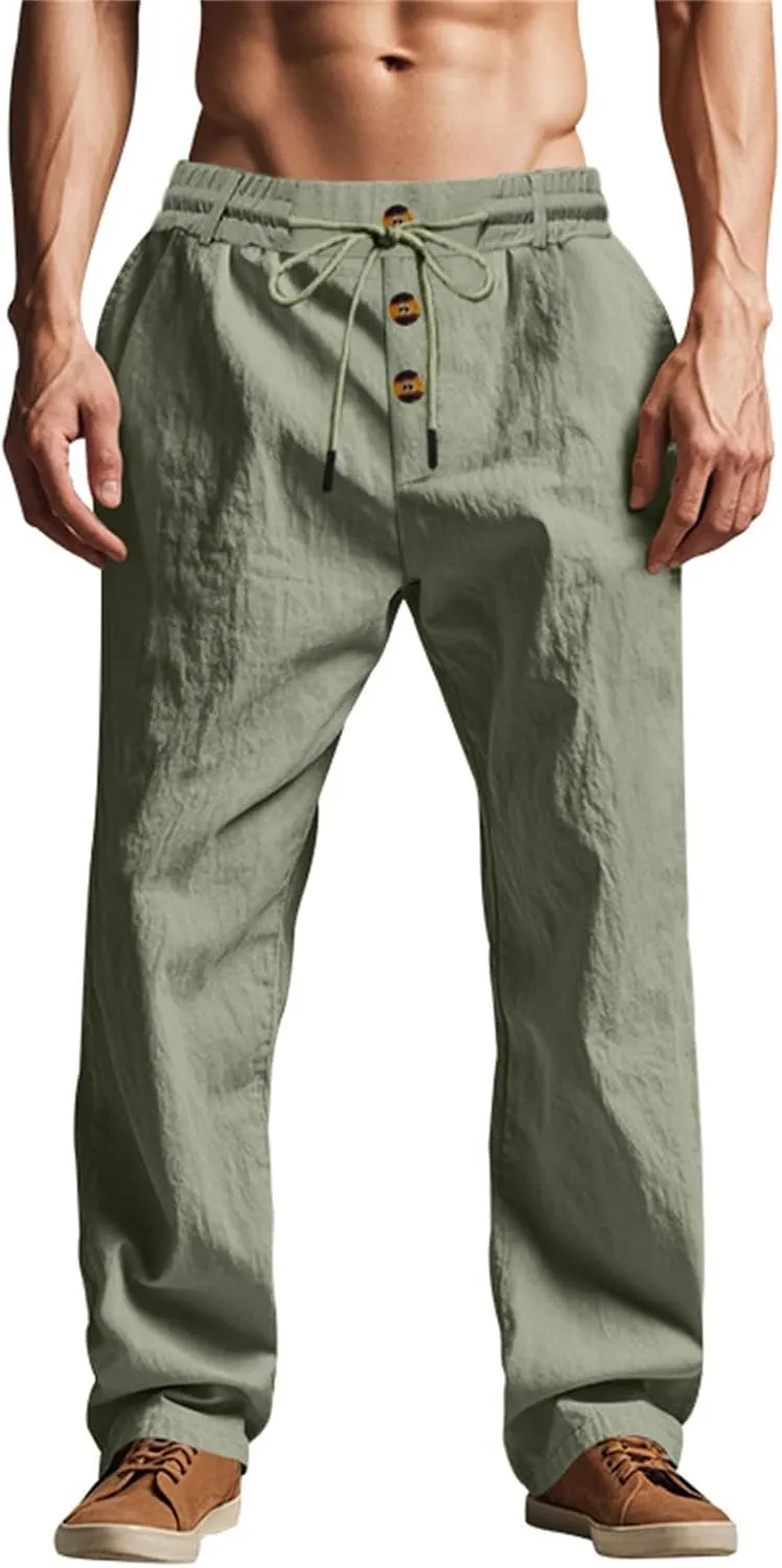Mens Pants Casual Linen Drawstring Elastic Waist Loose Fit Casual Pants Lightweight Straight Leg Beach Yoga Trousers
