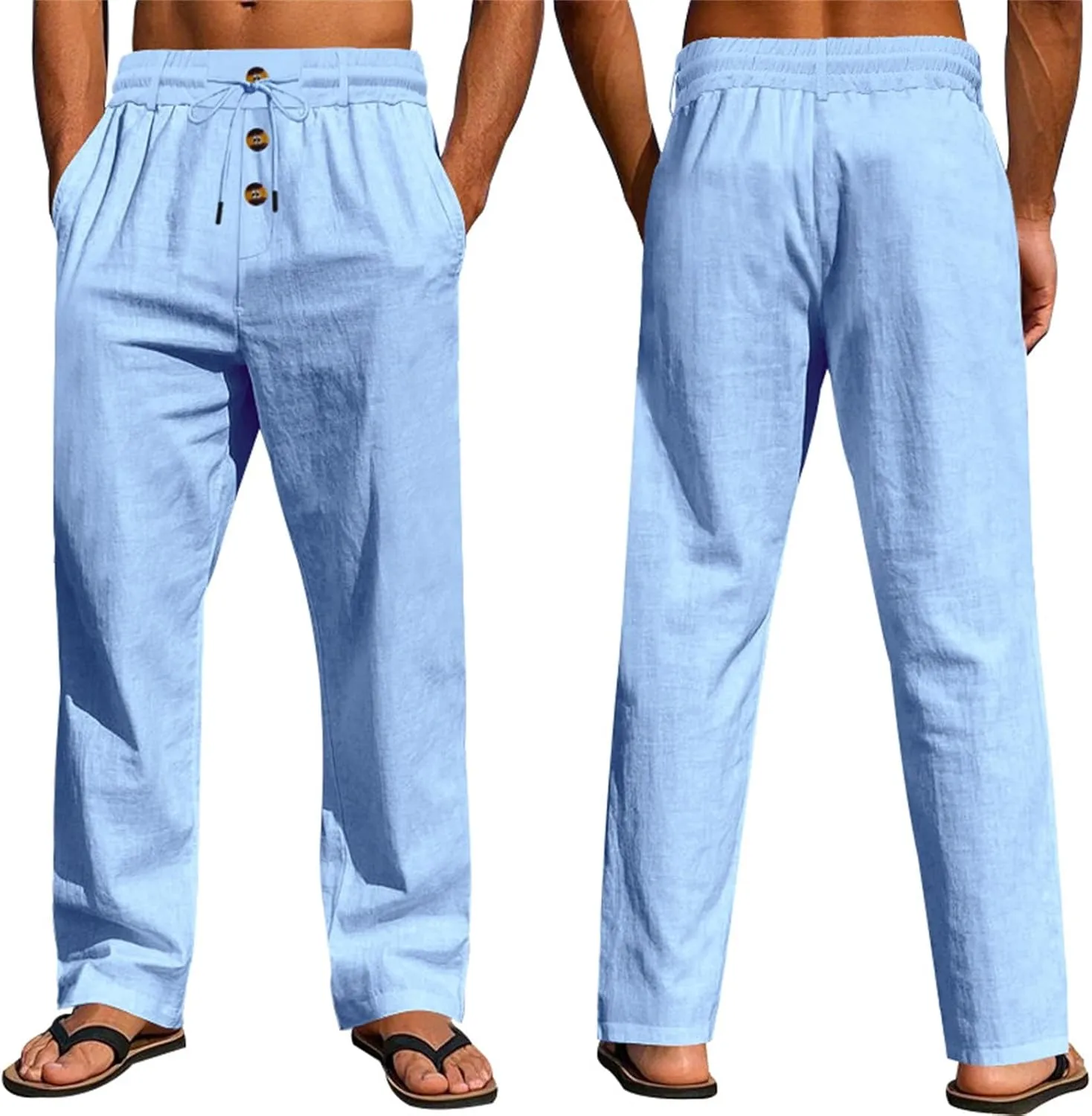 Mens Pants Casual Linen Drawstring Elastic Waist Loose Fit Casual Pants Lightweight Straight Leg Beach Yoga Trousers