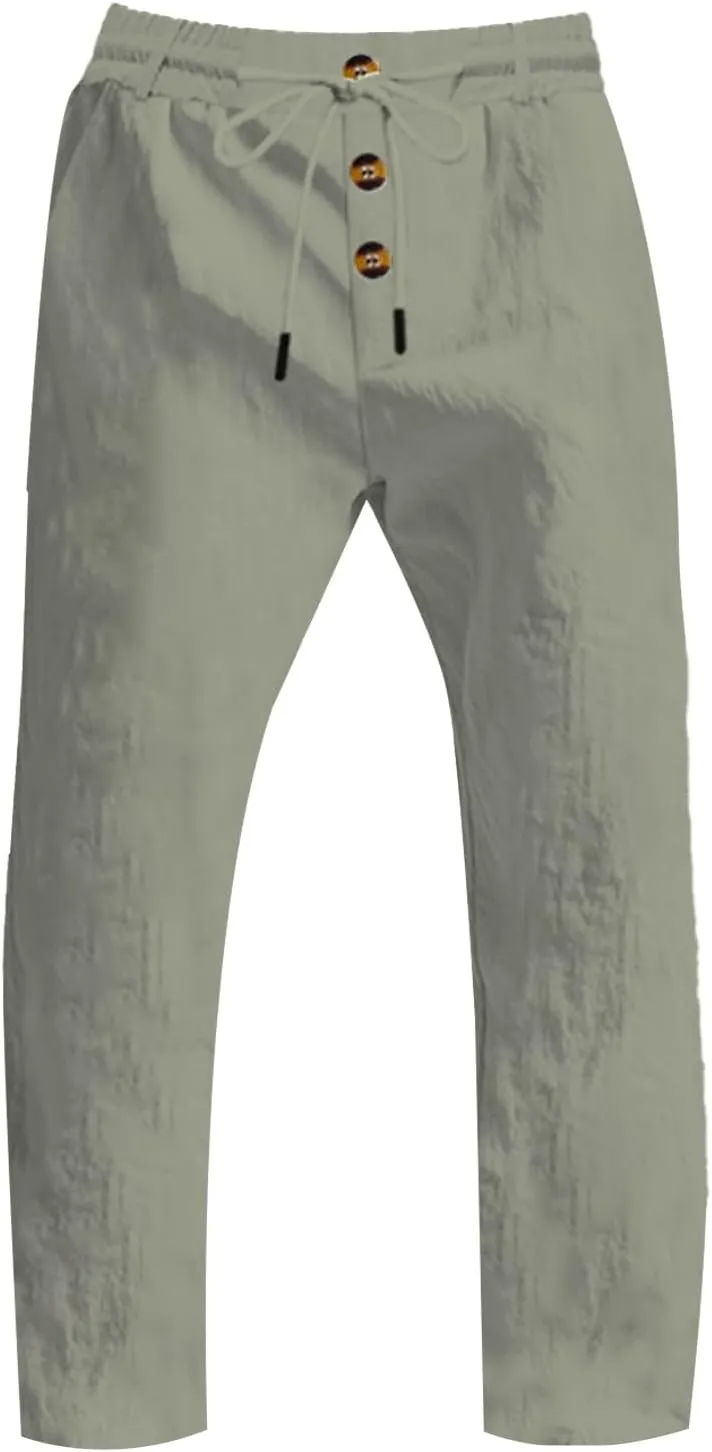 Mens Pants Casual Linen Drawstring Elastic Waist Loose Fit Casual Pants Lightweight Straight Leg Beach Yoga Trousers