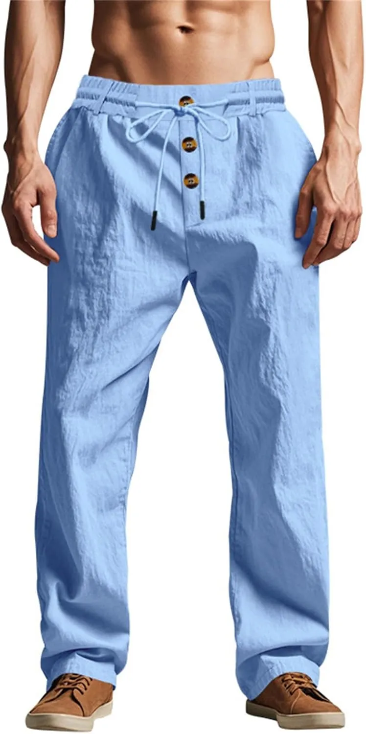 Mens Pants Casual Linen Drawstring Elastic Waist Loose Fit Casual Pants Lightweight Straight Leg Beach Yoga Trousers